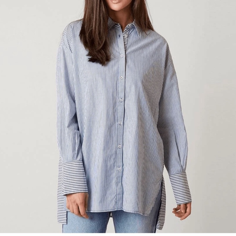Free People Lakehouse Shirt Striped Size Medium Tunic Style Button Front Coastal